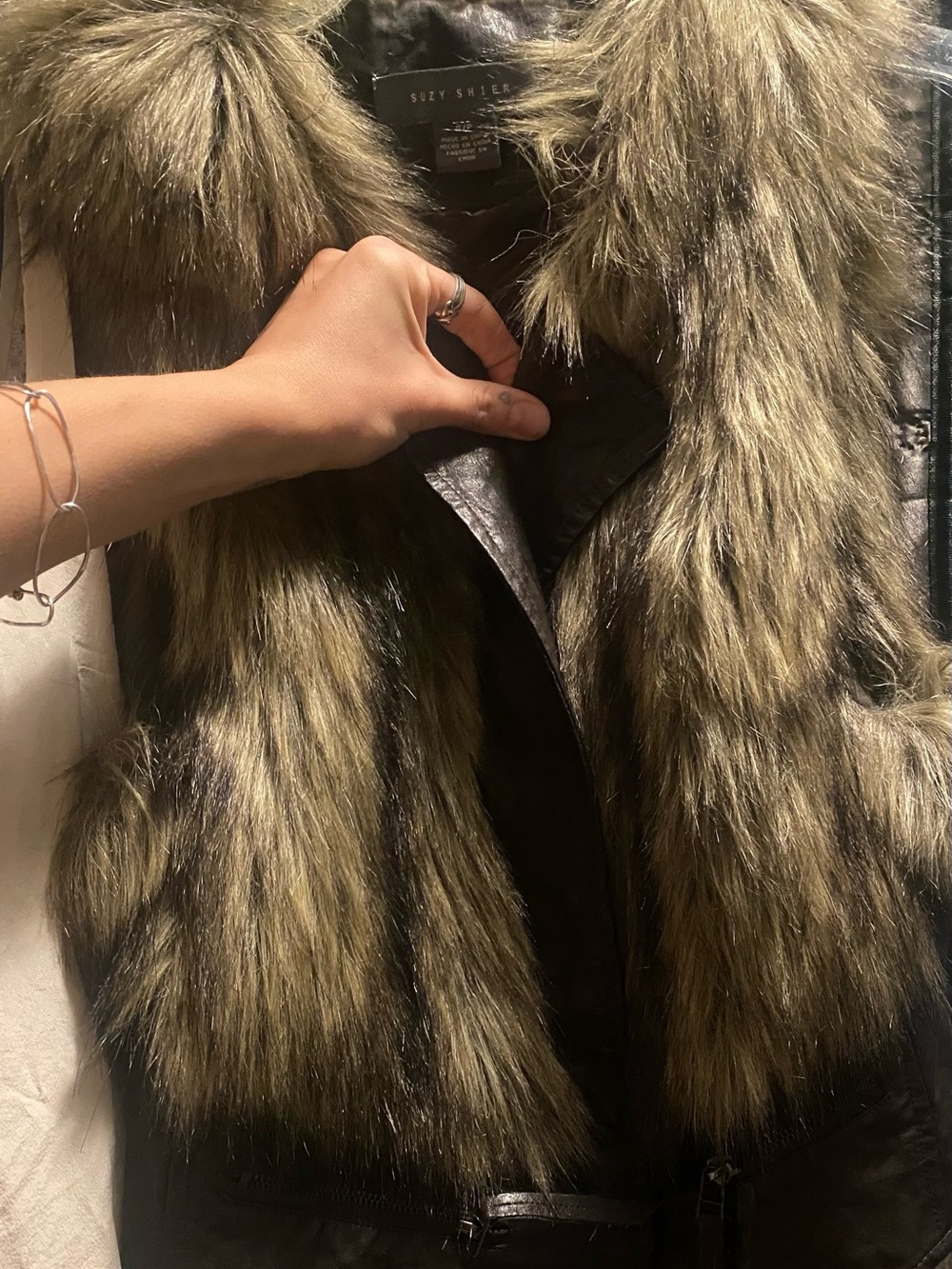 Suzy Shier Olive Faux Fur Trim Leather-Look Vest